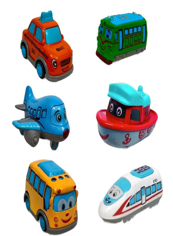 CIRBOX Pull-Back Metal Toy Vehicle Set - 6PCS Cartoon Transport Vehicles | Die-Cast Mini Cars, Bus, Train, Boat, and Airplane for Toddlers & Kids Boys & Girls - Image 5